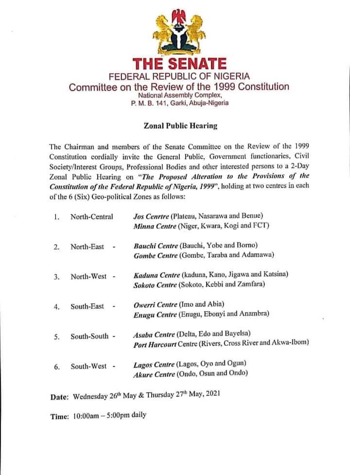 NGRSenate's tweet photo. The Senate Committee on the Review of the 1999 Constitution cordially invites you to its Zonal Public Hearings as detailed below. https://t.co/gYy7YZjP2I