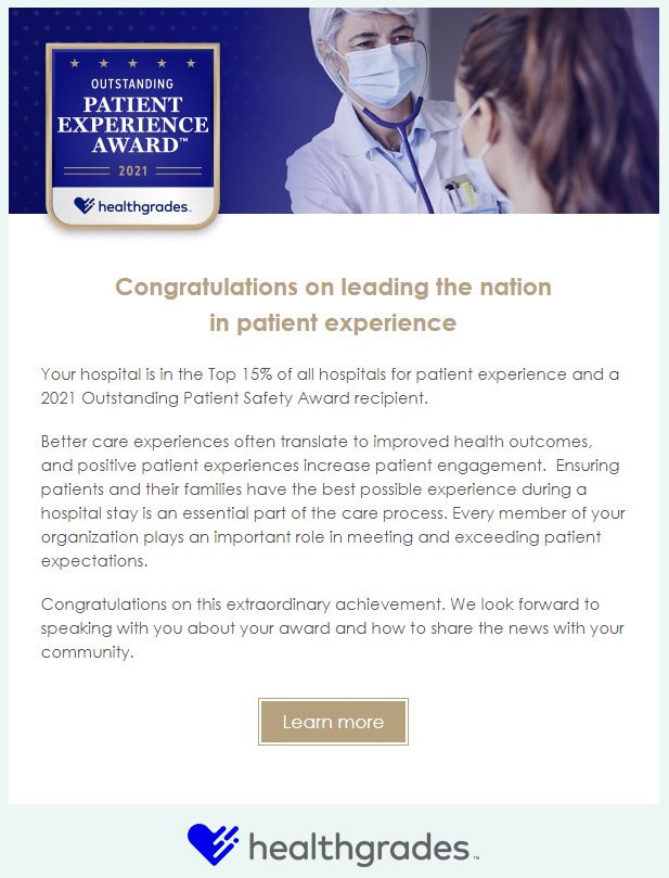 TimBarnettMD's tweet photo. Congratulations to #CCLutheranHospital. @Healthgrades has issued the Outstanding Patient Experience Award, and the Outstanding Patient Safety Award for 2021. This recognition validates our caregivers’ daily commitment to providing world class care for our patients &amp; community. https://t.co/IoFVX1mAI6