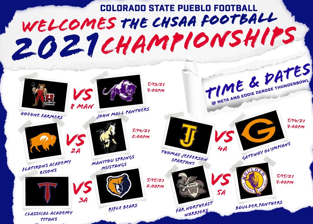 Here is the full lineup of State Championships games for this upcoming weekend at the Neta &amp; Eddie DeRose ThunderBowl starting this Thursday at 7 PM. Looking forward to having everyone there! #StateChamps #RISE #ChaseExcellence #COFootball