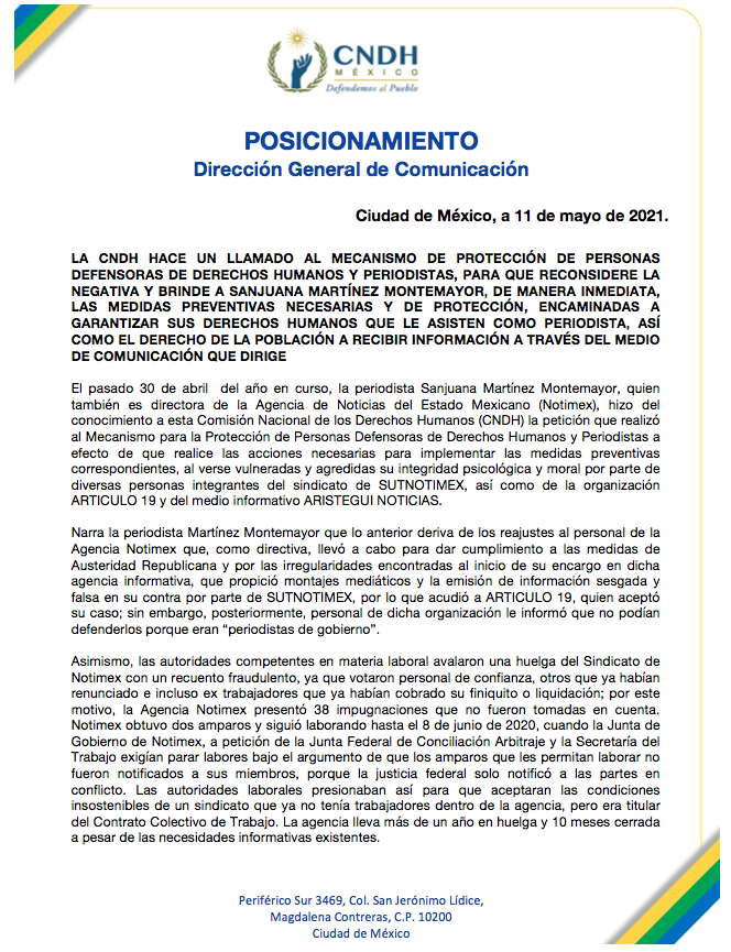 CNDH's tweet photo. #CNDH hace un llamado al #MecanismoDeProtecciónDePersonasDefensoras de #DDHH y #Periodistas para que reconsidere la negativa y brinde a @SanjuanaNotimex, de manera inmediata, las #MedidasPreventivas para garantizar a la población el #DerechoALaInformación.

#DefendemosAlPueblo https://t.co/S1ur2SMRQ8