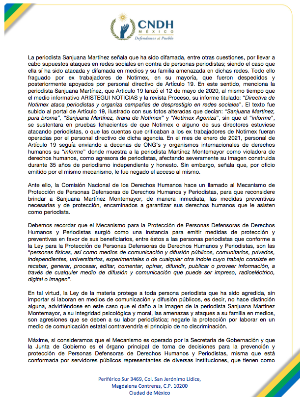 CNDH's tweet photo. #CNDH hace un llamado al #MecanismoDeProtecciónDePersonasDefensoras de #DDHH y #Periodistas para que reconsidere la negativa y brinde a @SanjuanaNotimex, de manera inmediata, las #MedidasPreventivas para garantizar a la población el #DerechoALaInformación.

#DefendemosAlPueblo https://t.co/S1ur2SMRQ8