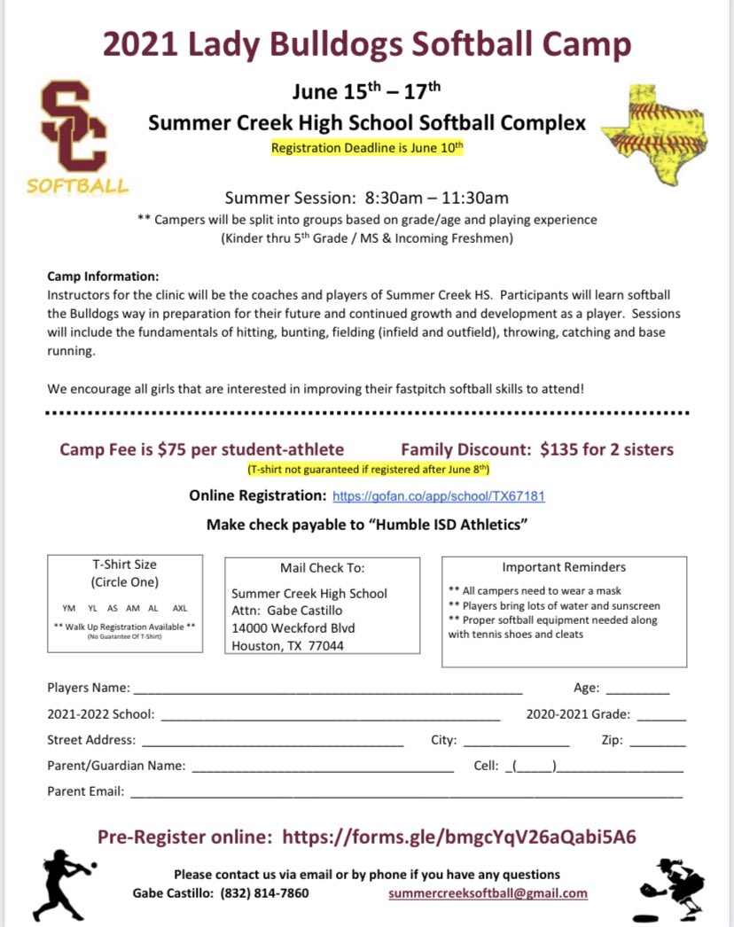 Summer Creek Softball On Twitter Sc Summer Softball Camp June 15 17 If Interested In Attending Please Use Either Option Below To Register Prefer To Pay Online Use This Link Https T Co 7s1gswuwlh