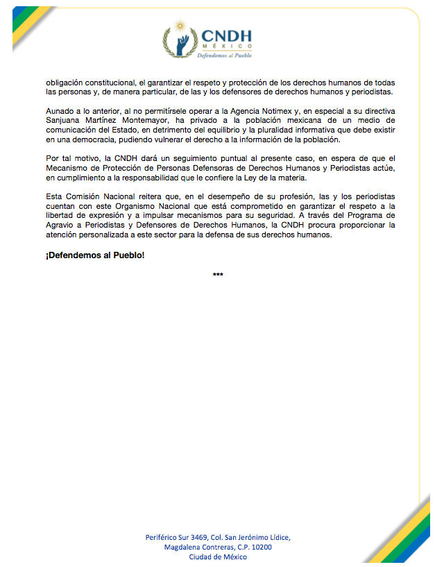 CNDH's tweet photo. #CNDH hace un llamado al #MecanismoDeProtecciónDePersonasDefensoras de #DDHH y #Periodistas para que reconsidere la negativa y brinde a @SanjuanaNotimex, de manera inmediata, las #MedidasPreventivas para garantizar a la población el #DerechoALaInformación.

#DefendemosAlPueblo https://t.co/S1ur2SMRQ8