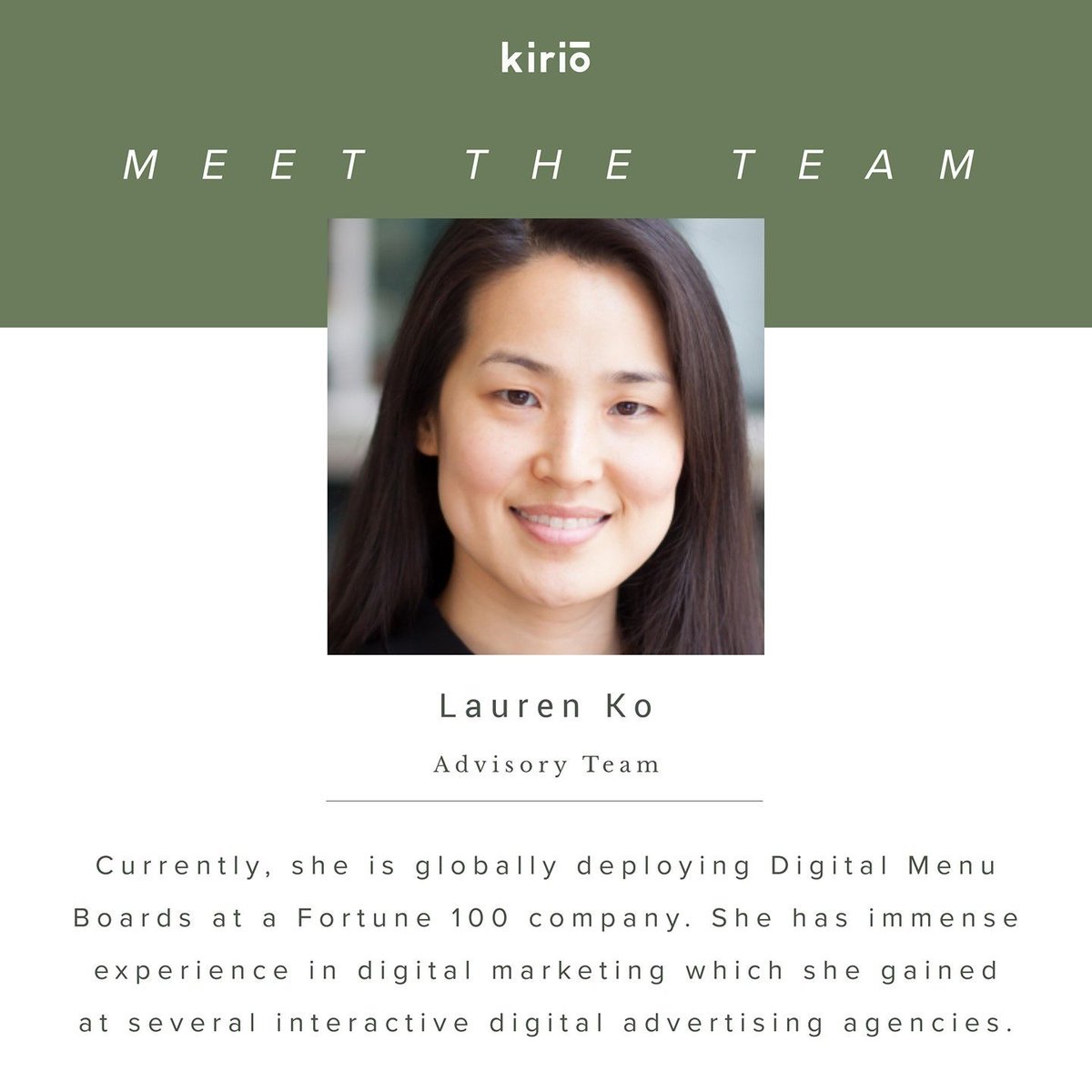 mykirio's tweet photo. Lauren brings a strong background in strategic marketing planning, operations, new media execution and product design. #mykirio #smarthome https://t.co/KHnaWUnSWc