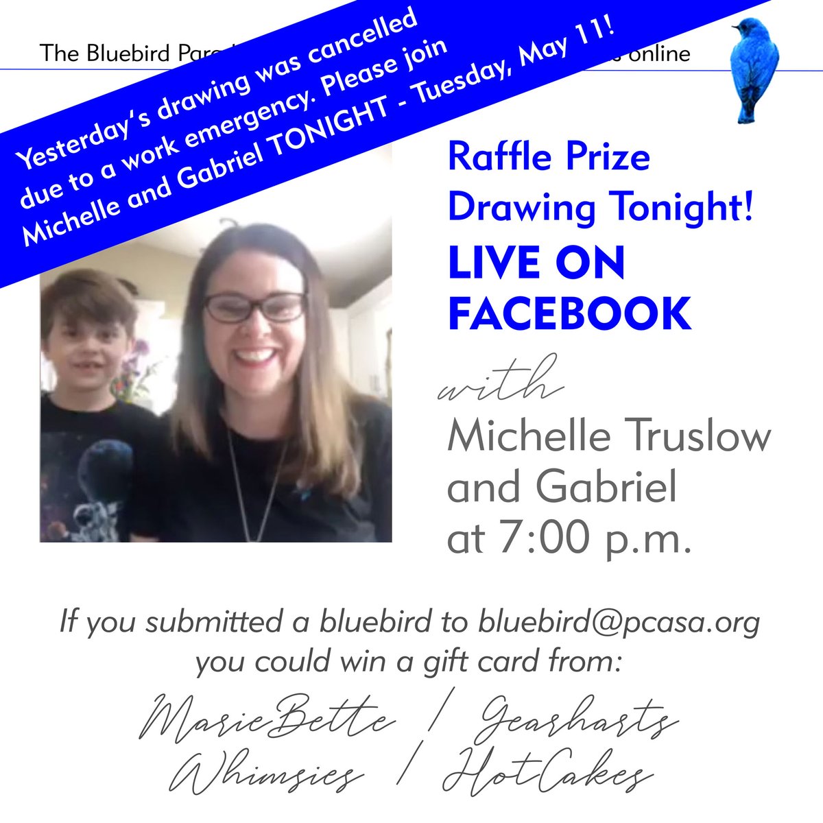 Folks who created bluebird art for 'The Bluebird Parade for Children in Foster Care' are winning gift cards from MarieBette, Gearharts, HotCakes, and Whimsies. Tune in to the FCAAC page tonight to see who wins this week! bit.ly/2RKYypM