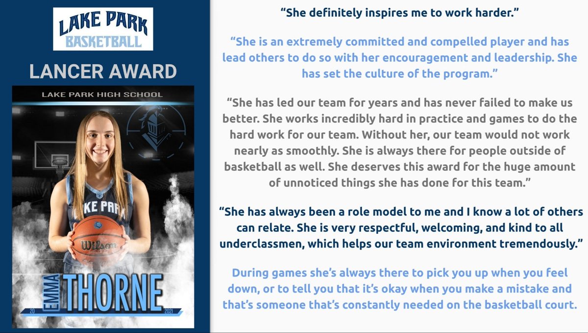 LPLancerBB's tweet photo. Congrats to all of our players for fighting through this unique 😷 season!

Thank you seniors for 4 amazing years!

Shout out to this year's varisty award winners:

🏀Most Improved @GraceCord2 
🏀Lancer Award @emmathorner18 
🏀MVP: Emma Thorne

#WeAreLakePark #committotheshield https://t.co/kA8spRO9zt