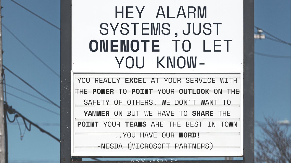 NesdaCloud's tweet photo. 1, 2, 3, 4, @alarmsystems we declare it's time for #signwars!
We might not have a sign outside our office, but we are going virtual in the #bellevillesignwars
#justforfun #funnyastech #belleville #nesda https://t.co/gSuUg7Xxii