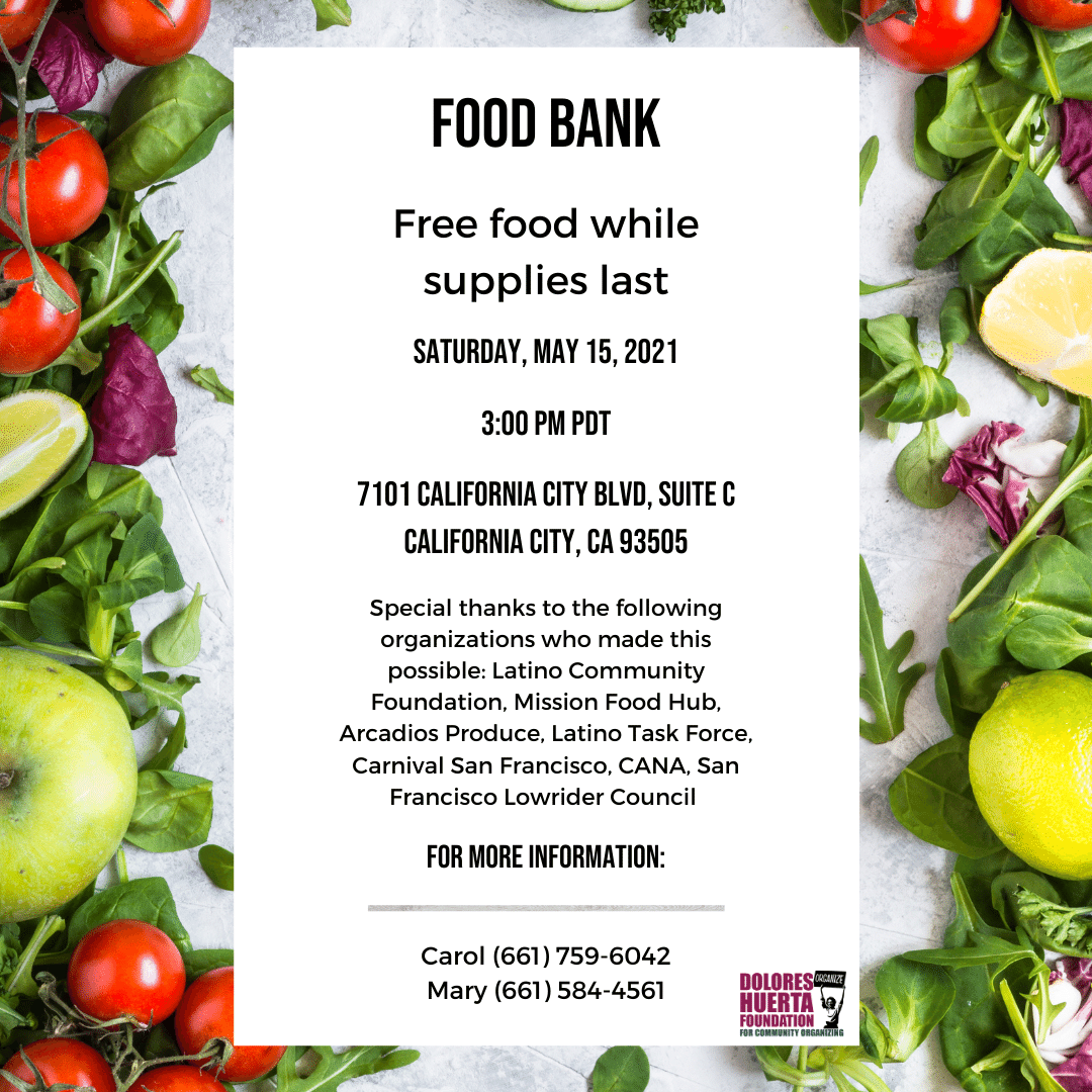 DoloresHuertaFD's tweet photo. #CACITY & #LINDSAY: We invite the community to a #FREE #FoodBank on Saturday, May 15 at 3 PM located at 7101 California City Blvd Suite C & 1701 E Tulare Rd. More information: CA City - Mary at 661-584-4561, Lindsay - Anahi at 559-271-6937 #DHF #SiSePuede https://t.co/QhDvnKvZQH