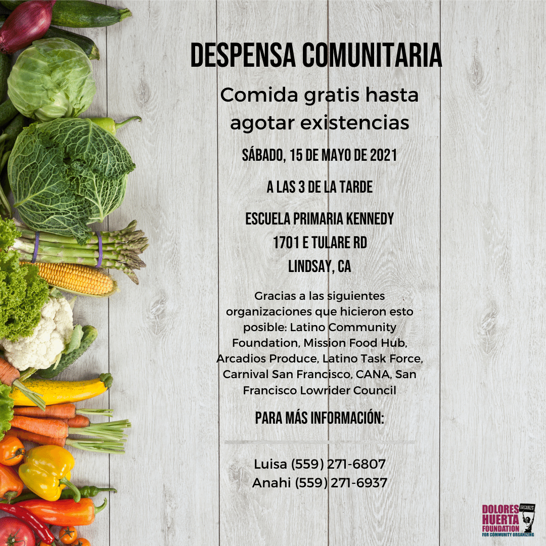 DoloresHuertaFD's tweet photo. #CACITY & #LINDSAY: We invite the community to a #FREE #FoodBank on Saturday, May 15 at 3 PM located at 7101 California City Blvd Suite C & 1701 E Tulare Rd. More information: CA City - Mary at 661-584-4561, Lindsay - Anahi at 559-271-6937 #DHF #SiSePuede https://t.co/QhDvnKvZQH