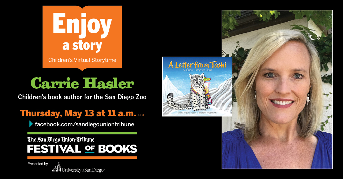 Join us this Thursday for a reading of “A Letter from Tashi: A Snow Leopard Tale ,” read by author Carrie Hasler, followed by an activity to do at home with your family! Visit sdfestivalofbooks.com for more info. #GrabABook