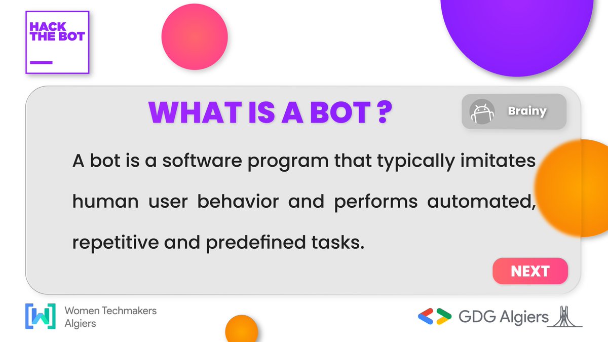GDG_Algiers's tweet photo. Since the beginning of this journey, we have talked a lot about #bots.
And since some of you may not be familiar with them yet, we have prepared a small Q&A to let you know more.
If there is a question that is still on your mind, feel free to ask us.
#GDG #WTM #HackTheBot https://t.co/TNmJU53SVr