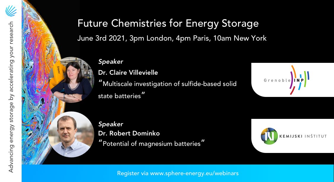 New webinar coming up! 🔋🔋🔋

Happy to be hosting the second session of our Future Electrochemistry Series with Dr. Robert Dominko &amp; Dr. Claire Villevielle. 

Registration link🚀 
sphere-energy.eu/webinars 

#research #batteries #innovation #chemistry