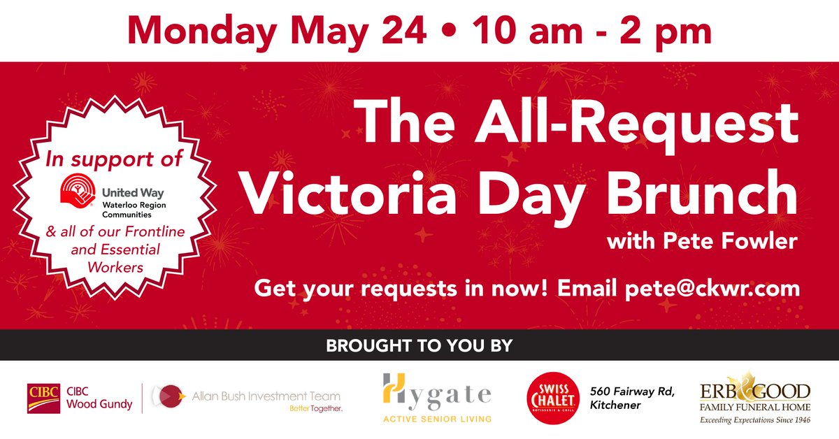 98.5 CKWR (@ckwrfm) on Twitter photo Ever wanted to program CKWR? Now's your chance! Send in your requests for the All-Request Victoria Day Brunch to pete@ckwr.com.
Thanks to all of our sponsors who made this show in support of <a href="/UnitedWayWRC/">United Way WRC</a> and all Frontline & Essential workers possible! Ever wanted to program CKWR? Now's your chance! Send in your requests for the All-Request Victoria Day Brunch to pete@ckwr.com.
Thanks to all of our sponsors who made this show in support of <a href="/UnitedWayWRC/">United Way WRC</a> and all Frontline & Essential workers possible!