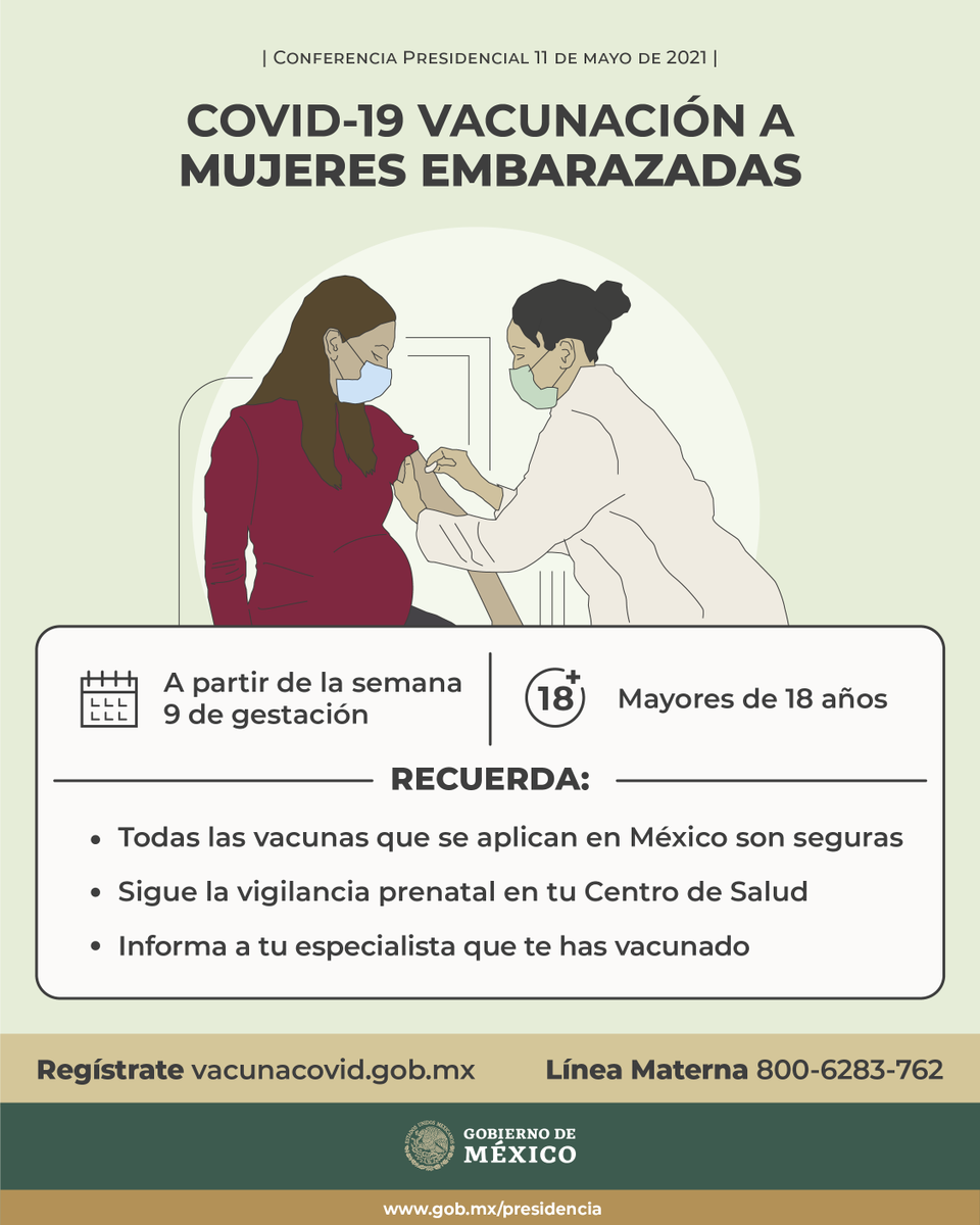 GobiernoMX's tweet photo. A partir de la semana 9 de gestación serán inmunizadas mujeres mayores de 18 años.

El registro será en: https://t.co/sPO4QXa7Vl https://t.co/zqPD9vMDmC