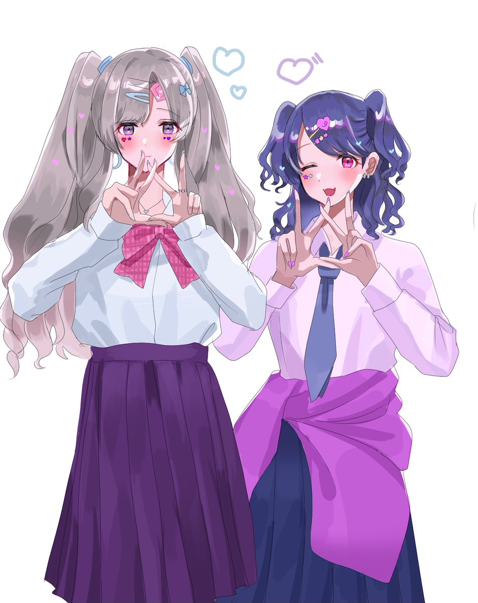 fukumaru koito multiple girls 2girls twintails skirt purple eyes school uniform hair ornament  illustration images