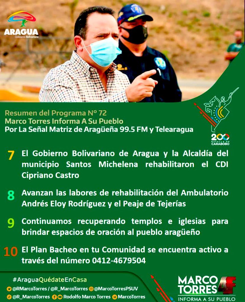 #11May Comparto con el pueblo resumen del programa #MarcoTorresInformaASuPueblo Nro 72, con importantes anuncios y avances en salud, deportes y servicios públicos en todo el territorio ¡Tenemos nueva línea directa con los aragüeños y aragüeñas! 🤳
