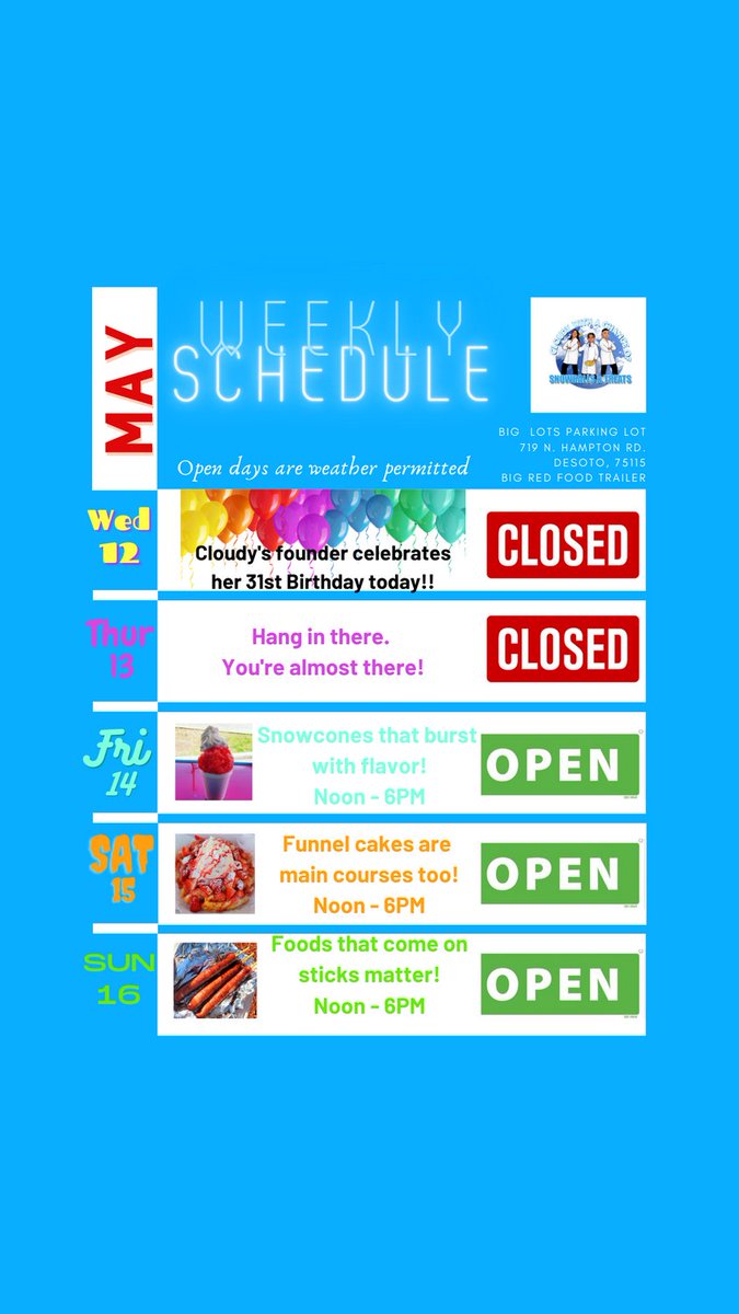 WithSnowballs's tweet photo. Yes, the wait is over! See you this weekend Cloudy Family!
#bestfunnelcakes #softshavedice #sweettoothgalore #juicyburgers #hotdigggitydogs #blackownedbusiness #womenownedbusiness #dfwfoodtrucks #dallasfoodtrucks #desotofoodtruck #dfwfoodies #dallasfoodies #dfwbor #dfwbob https://t.co/J5FFunQGyh