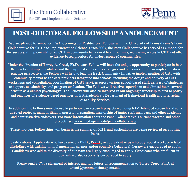 PennCollab's tweet photo. Join the @PennCollab team! We're hiring TWO Postdoctoral Fellows beginning summer 2021. Each Fellow will have the unique opportunity to participate in both the practice of #implementation and the empirical study of its strategies and outcomes.
More here: https://t.co/m44I7lwjOT https://t.co/9FzdFOOzF4