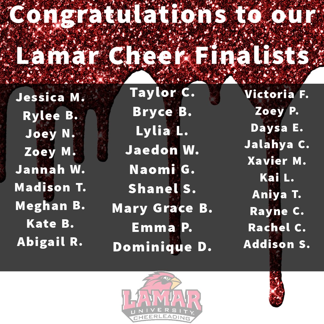 LamarUCheer's tweet photo. Congratulations to our finalists for the 2021-2022 Lamar cheer team‼️ We will see everyone soon and cannot wait to update you with our final squad. Go cards ❤ #LUcheer #WeAreLU #otogoff https://t.co/EWJubChM6n