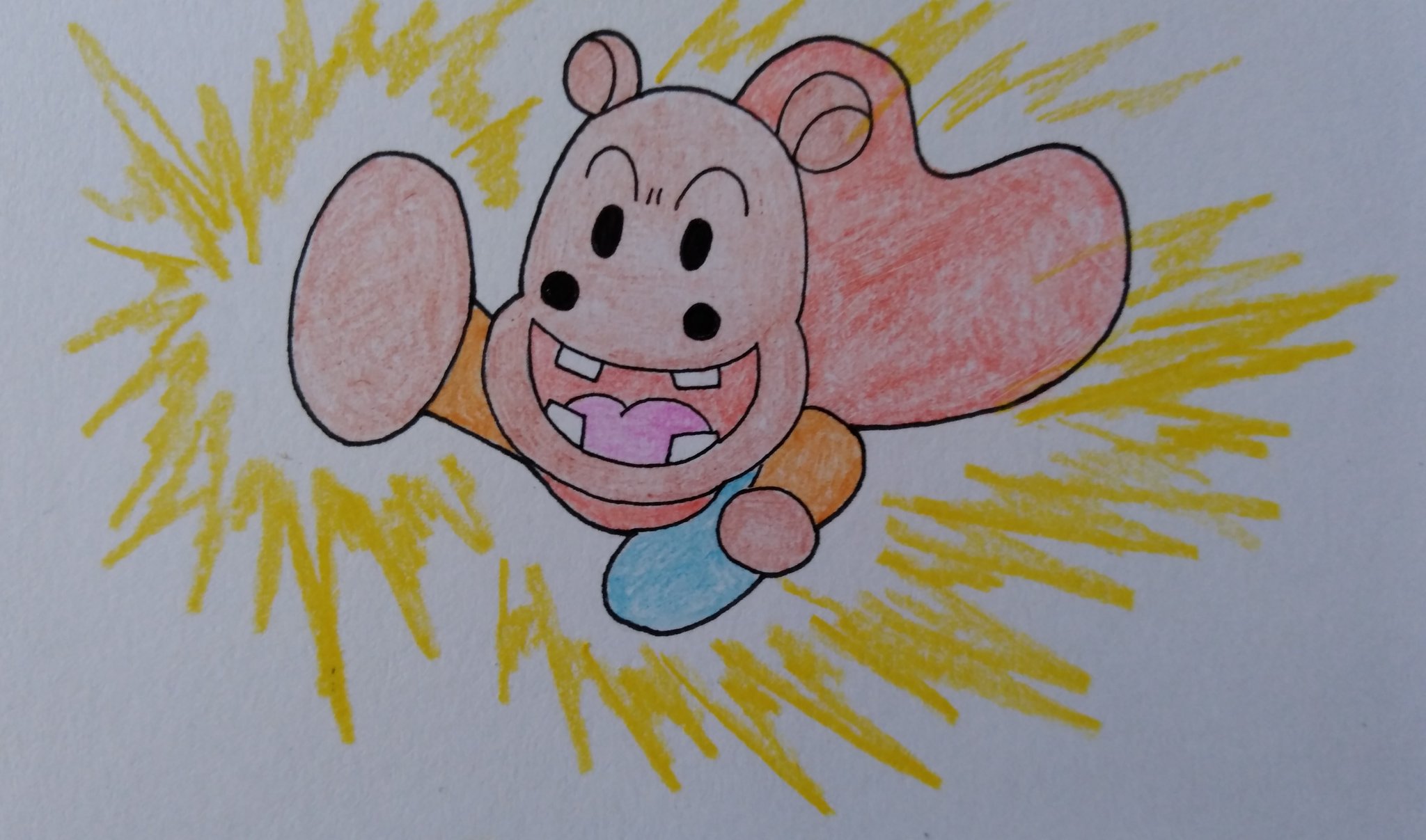 تويتر オークション على تويتر 仲間内で かばおくん を描くのが流行ってる みたいなので描いてみました アンパンマンの顔を全部食べたかばおくんが スーパーパワーを手に入れた 技出すならこんな感じ イラスト ラクガキ イラスト好きさんと繋がりたい
