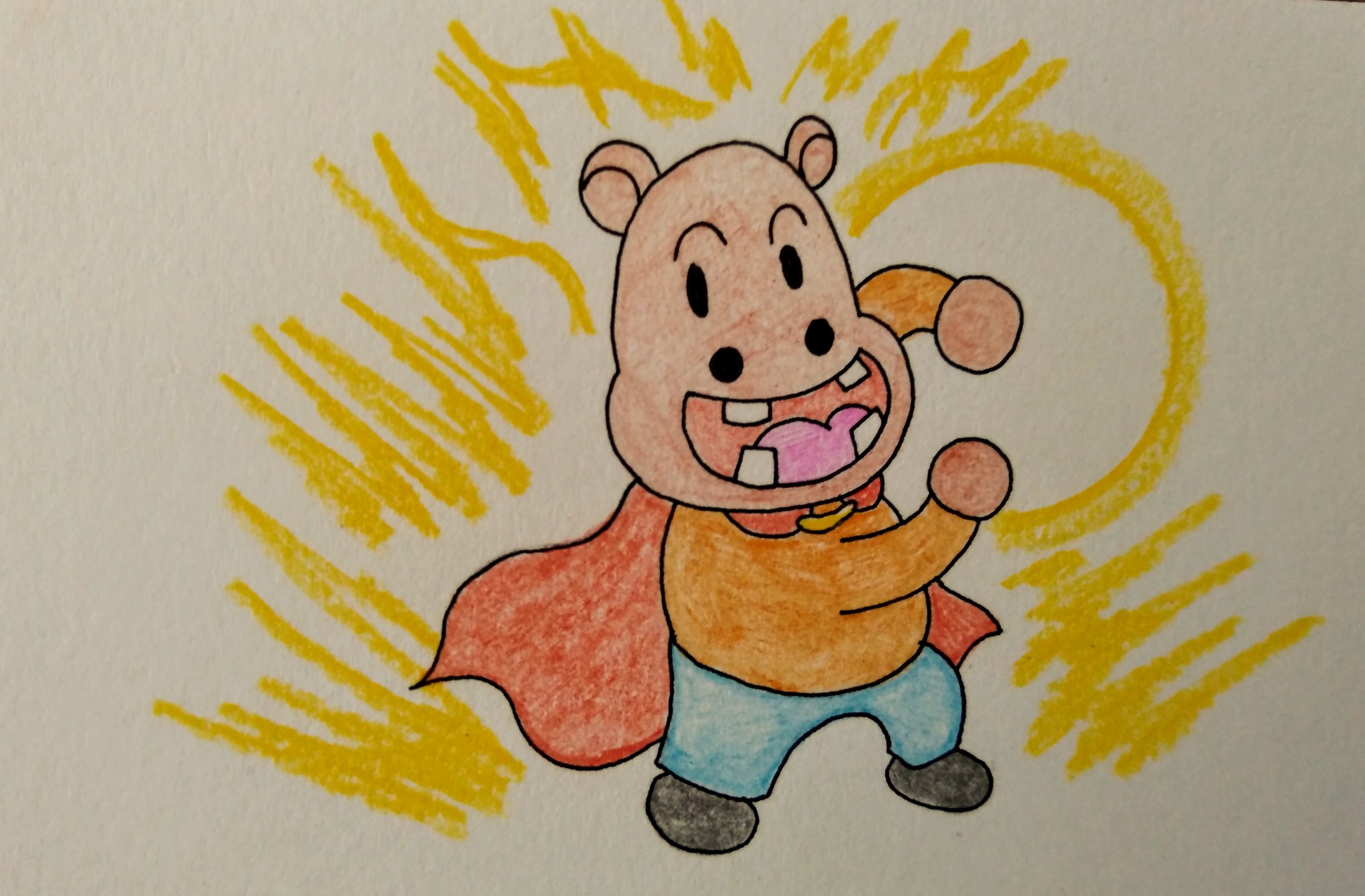 تويتر オークション على تويتر 仲間内で かばおくん を描くのが流行ってる みたいなので描いてみました アンパンマンの顔を全部食べたかばおくんが スーパーパワーを手に入れた 技出すならこんな感じ イラスト ラクガキ イラスト好きさんと繋がりたい