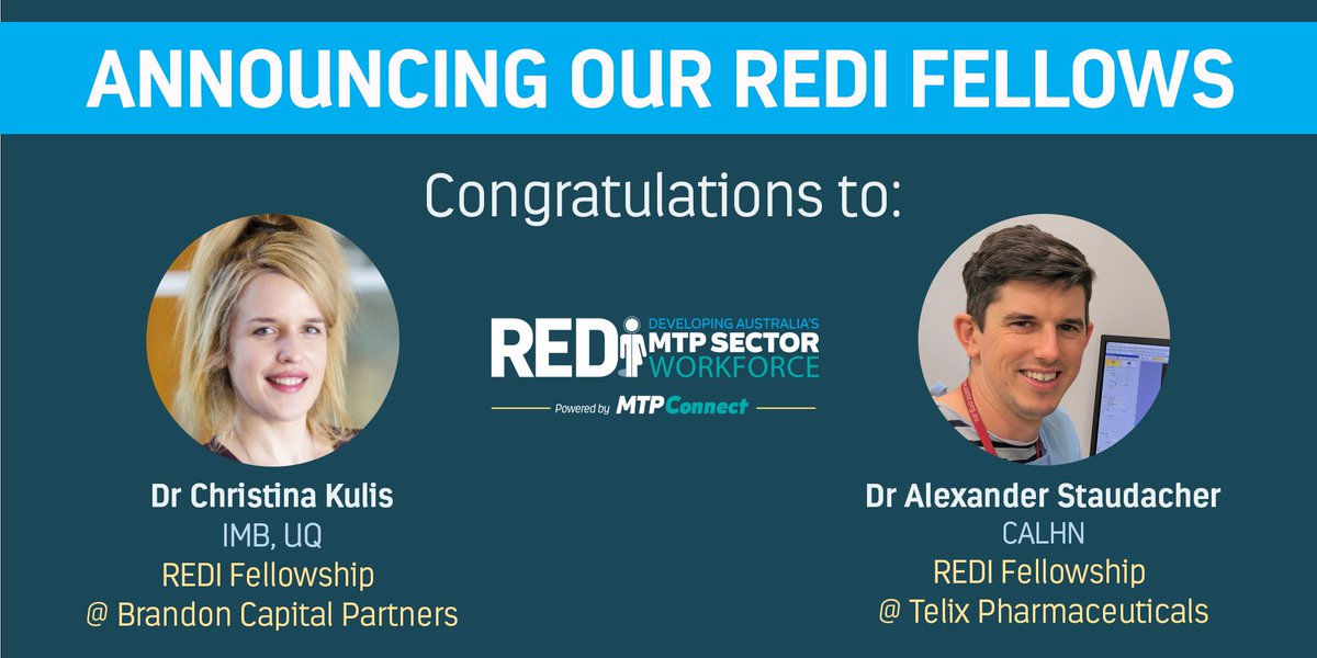 Congrats to Dr <a href="/ChristinaKulis/">Christina Kulis</a> &amp; <a href="/SAHealth/">SA Health</a> Dr Alex Staudacher, the 1st Fellows awarded #REDI Fellowships for priority medical research. Dr Kulis joins Brandon Capital Partners in Brisbane &amp; Dr Staudacher joins <a href="/TelixPharma/">Telix Pharmaceuticals</a> in Melb. Boosting commercialisation capabilities!