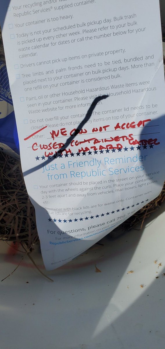 TreFlip420's tweet photo. @RepublicService here we go again! How is this a Hazzard? Yes I can read and I'm not stupid, but why take my bag with the same shit but leave this! Did you even open it? Just came late and being lazy on bulk day! https://t.co/T6RUNIgTKn