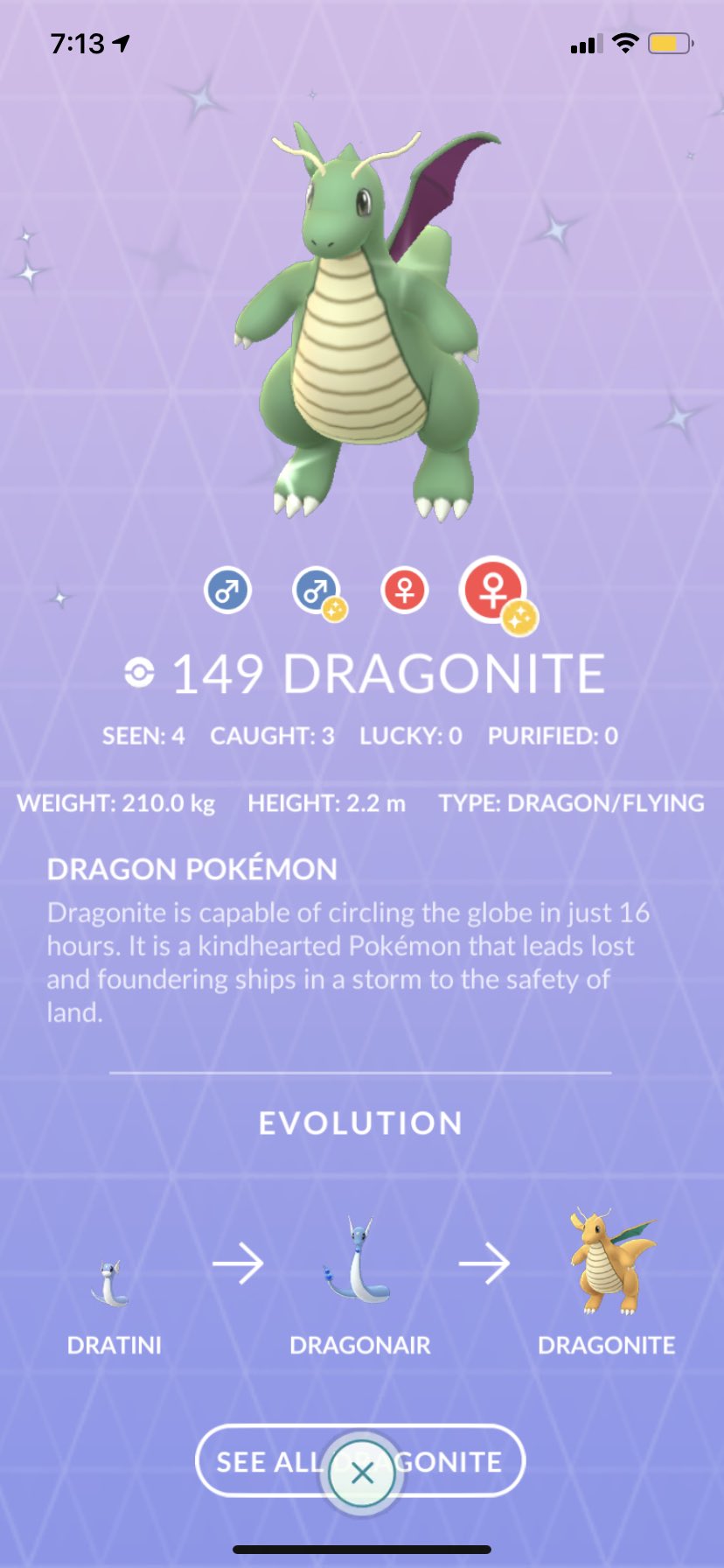 Joseph Santora on X: "I've encountered and caught a Shiny Dratini during  the Dratini spotlight hour in my Pokémon GO app this evening. I completed  the Shiny Dratini evolution line in my