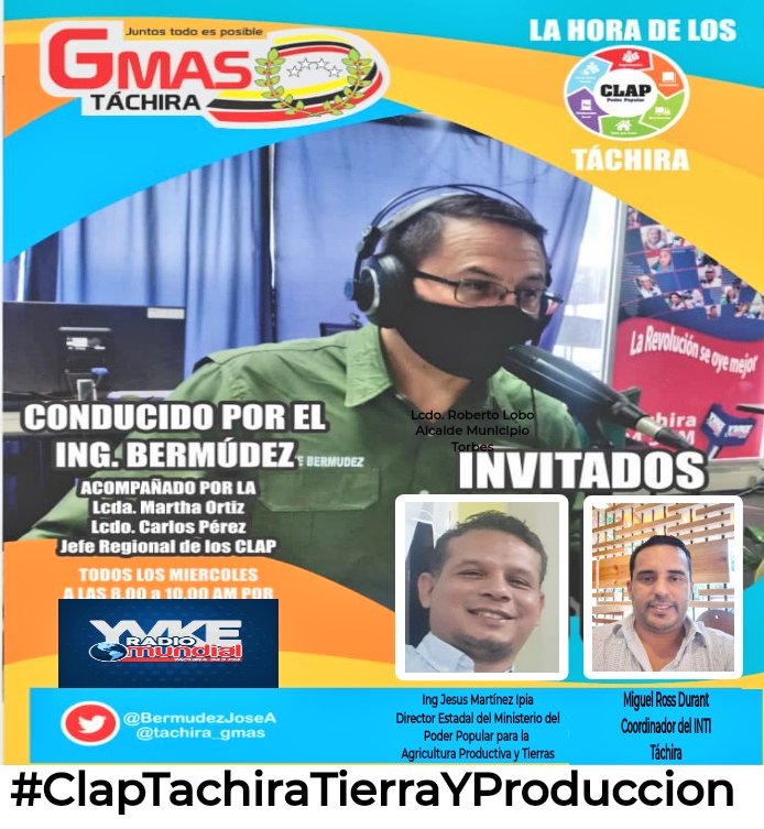 #12May ||Mañana nuevamente como cada #Miercoles los esperamos en su programa "La Hora de los Clap" a través de la 94.5 FM <a href="/YvkeTachira/">Yvke Tachira</a> tendremos como invitados al Ing. Jesús Martínez de <a href="/UEMPPATachira/">UTMPPAPT Táchira</a> y Miguel Durant del <a href="/INTi_Venezuela/">Instituto Nacional de Tierras (INTi)</a> en #Tachira 
#ClapTachiraTierraYProduccion