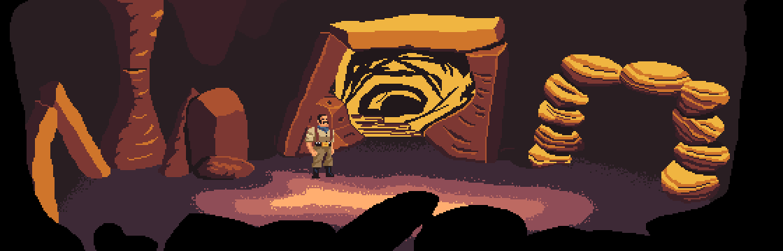 Day 3 of #AdvJam2021 and I'm experimenting with backgrounds, I have learnt: I can't do pixel art rocks.... Think I'll have to do some practice after the jam...

#pixelart #indiedev #gamedev #indiegame