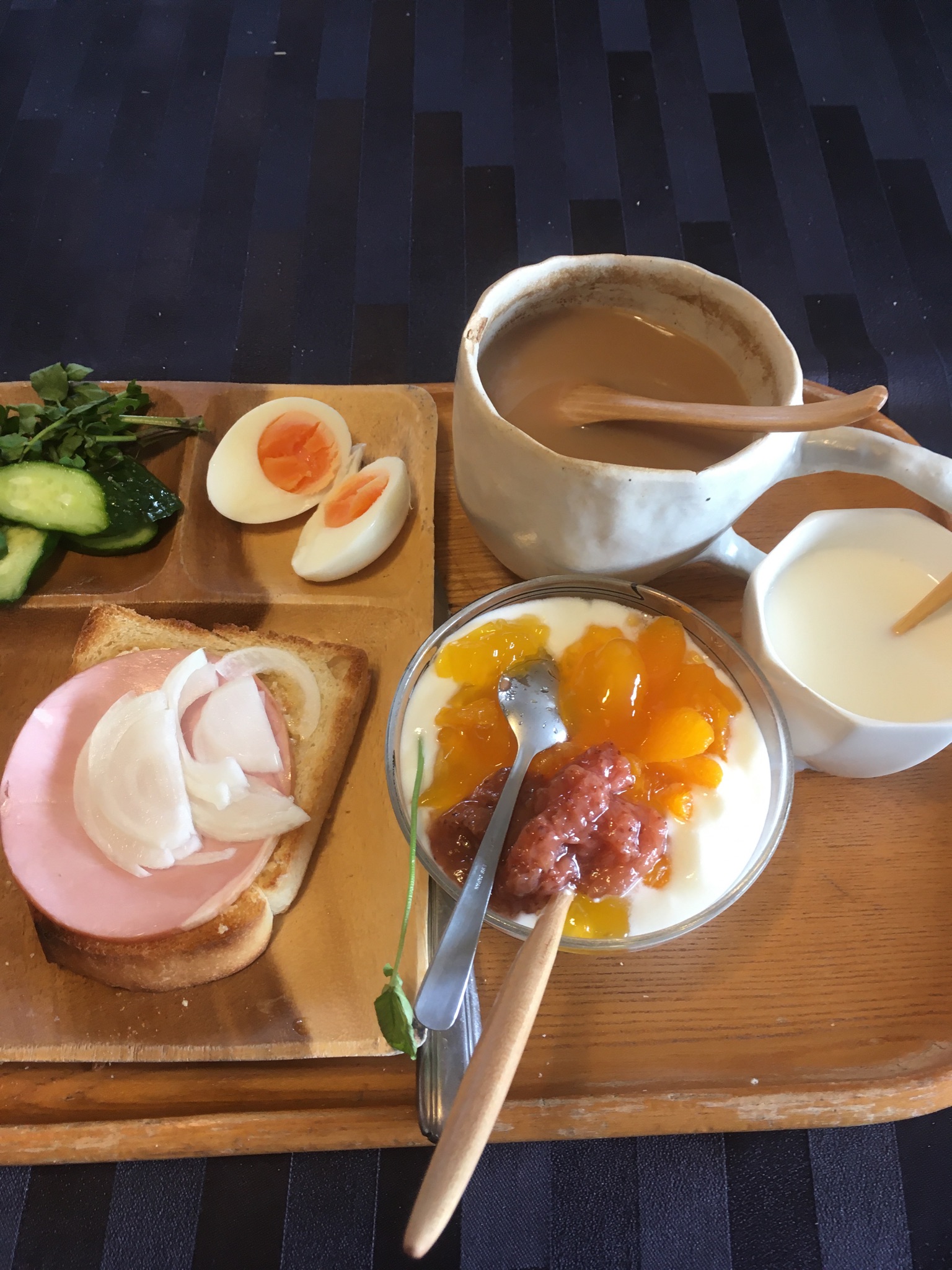 加藤登紀子 おはよう いつもの定番朝食 いただきまーす ヨーグルトには みかんゼリーといちごジャム 牛乳に柿酢 クレソンにきゅうり トーストにはハムと玉ねぎ ゆで卵と ミルクティー だんだんアイテムが増えてきたのも 巣ごもり生活の積み重ね
