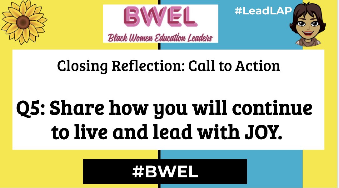 leaders_black's tweet photo. Closing Reflection: Call to Action 

Q5: Share how you will continue   
        to live and lead with JOY. 

@OrganicLeaderVB #BWEL https://t.co/NdUTGmTP9p