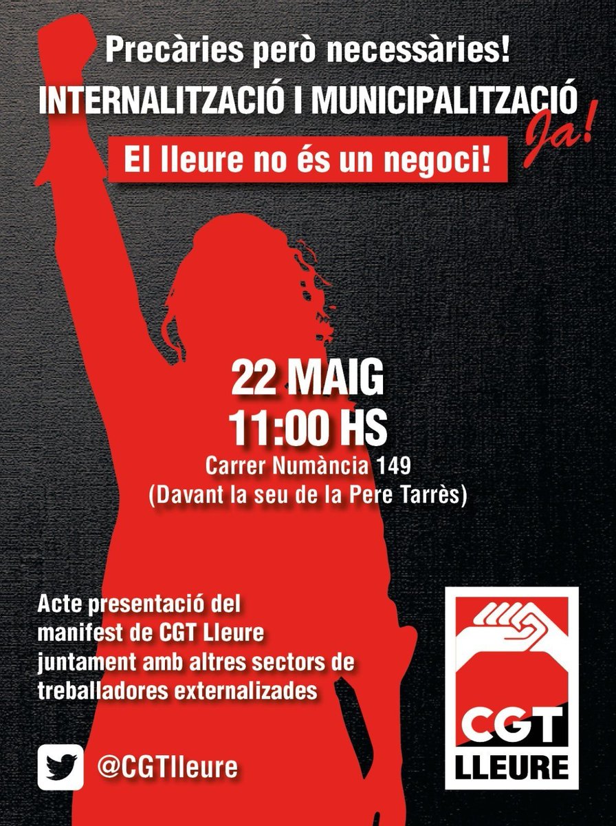CGTEnsenyament's tweet photo. Atenció❗️Acte-Presentació de @CGTlleure
🔴Per l’ internalització i la municipalització 📢
🗓 Dissabte 22/5
⏰ 11h
📍C/Numància 149. Davant seu de Pere Tarrés
📣Convidem a tots els sectors externalitzats/subcontractats! 📣#StopExternalitzacio #StopSubconTratas https://t.co/Arw7vW2l0s