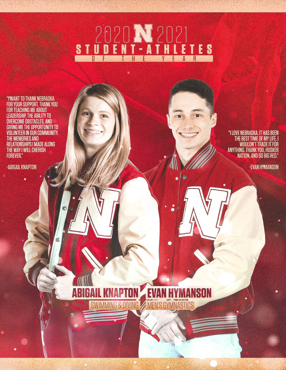 Huskers's tweet photo. 🏆 Student-Athletes of the Year 🏆

🏊‍♀️ Female: Abigail Knapton, @HuskerSwimNDive 

🙌 Male: Evan Hymanson, @NebraskaMensGym https://t.co/VNmo3aWn0V