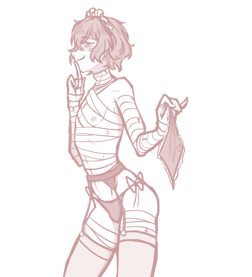 ~NSFW~
Day 7 prompt for #BottomDazaiWeek 'Lingerie'
I also combined it with maid day but I didn't end up finishing it in time for that,,, TvT 
Maid Dazai always runs off with his bosses fancy embroidered handkerchiefs cuz they smell of his cologne 
@bottomdazaiweek