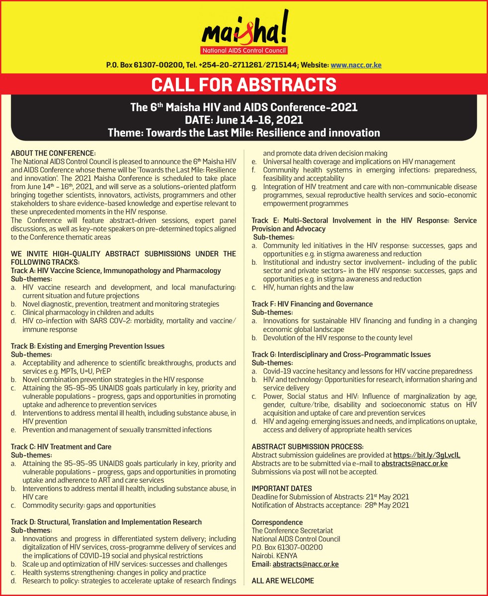 nsdcc_kenya's tweet photo. Together with partners, National AIDS Control Council is organizing the 6th 2021 Maisha Conference, whose theme is 'Towards the Last Mile: Resilience &amp; innovation', on 14th -16th June. Abstract submission currently open https://t.co/Oin1WJcMN8
@MOH_Kenya 
@NASCOP 
@UNAIDS_Kenya https://t.co/JxWUBkO9wI