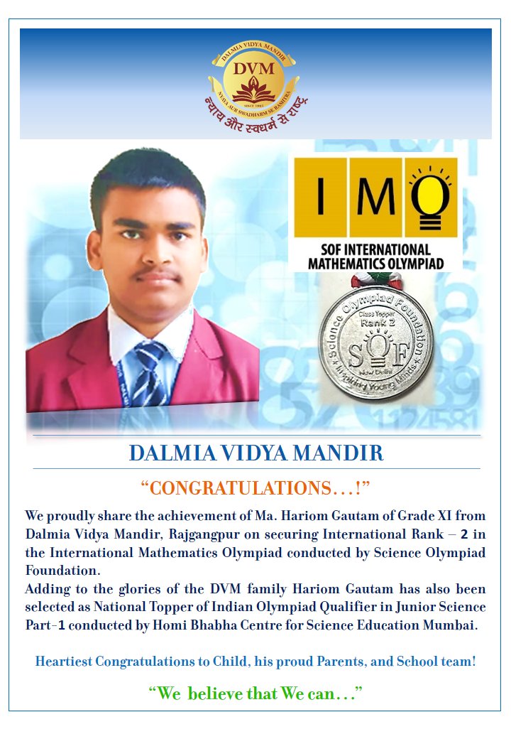 DalmiaE's tweet photo. DALMIA VIDYA MANDIR || "Congratulations to Ma. Hariom Gautam"
#DVM #DalmiaVidyaMandir #DalmiaBharatGroup #CBSE  #HeritageSchools #SOF #InternationalOlympiad #mathsolympiad #Rankings #success #IOQJS #NationalLevel #inspiration #empowerstudents #FutureReady #experientiallearning https://t.co/2NNJFm4mUE