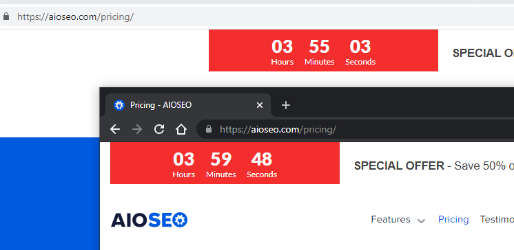 I think <a href="/aioseopack/">All In One SEO (AIOSEO)</a> have a problem with the discount timer, or maybe this is shameless dishonest marketing.  <a href="/dishonestmktg/">dishonest marketing</a>