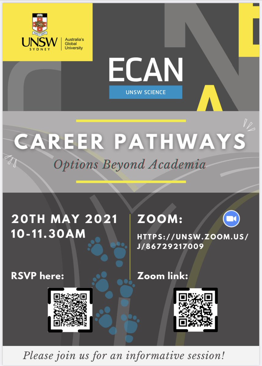 UNSWscienceECAN's tweet photo. Come join us for an informative session on Career Pathways for #ECAs! We have invited 4 speakers with diverse career paths who will be sharing their experience and advice on why and how they switched #careers. Please register before 19th May: https://t.co/cK6hNBGSbu https://t.co/CdrLD4I5Qw