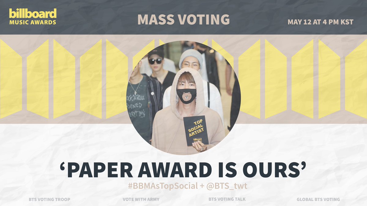 🔥First Mass Voting

🔑: PAPER AWARD IS OURS

<a href="/BTS_twt/">방탄소년단</a> #BBMAsTopSocial 

🗳Retweet and Reply