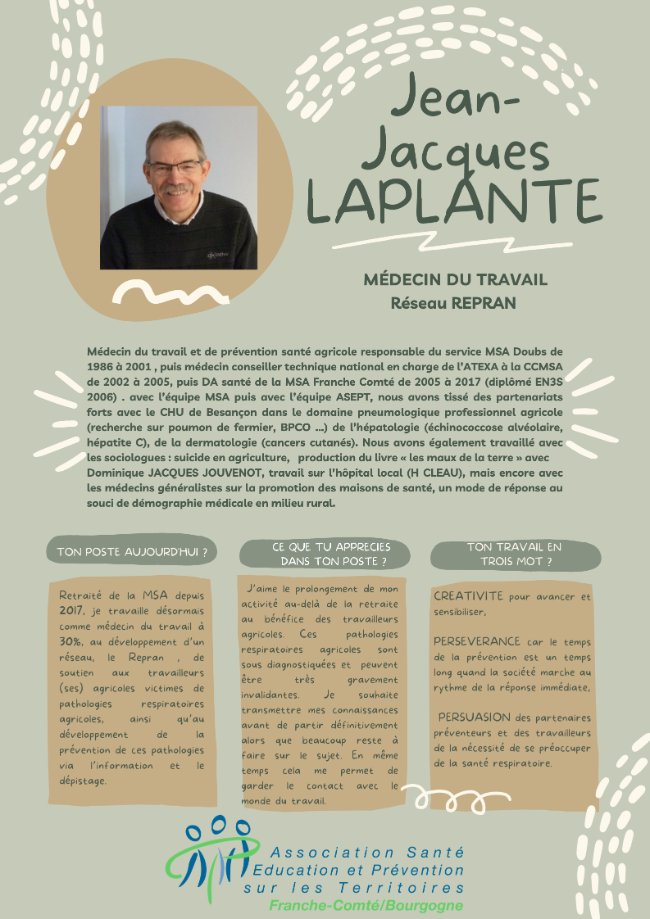 AseptFCB's tweet image. #Unjourunsalarié Cette semaine, découvrez le portrait de Jean-Jacques Laplante, médecin du travail du REseau Pathologies Respiratoires Agricoles National (#REPRAN)
@AseptFCB #TeamAsept
Pour tout savoir sur le REPRAN : urlz.fr/feRp