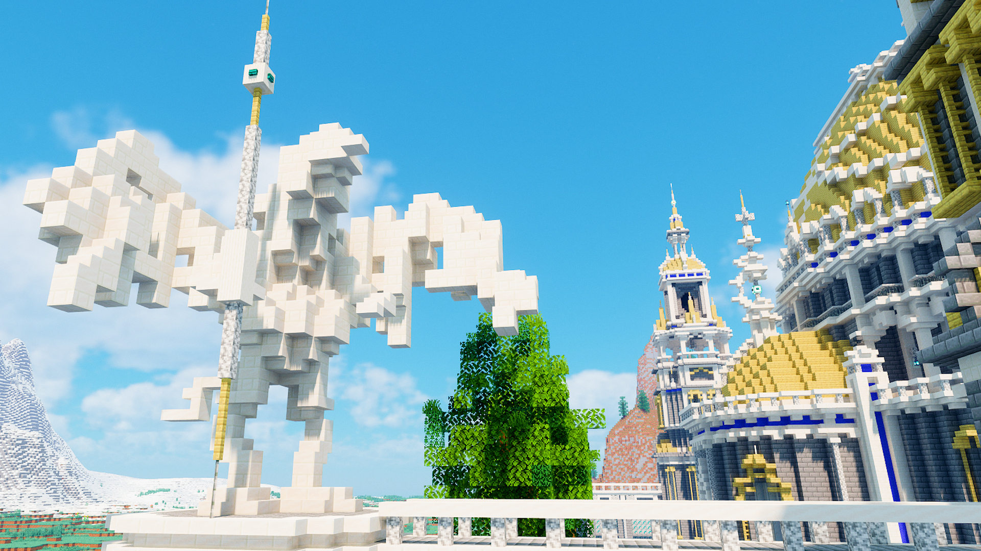 Twitter 上的 らーなろっそ マイクラで彫像っぽいもの作りたくて 多きな白い宮殿を作りました 槍を持った鳥人間っぽい彫像です 見える 正面 鳥 夜 横のスクショです T Co Nmvbigo15y Minecraft マイクラ Minecraft建築コミュ マイクラ建築