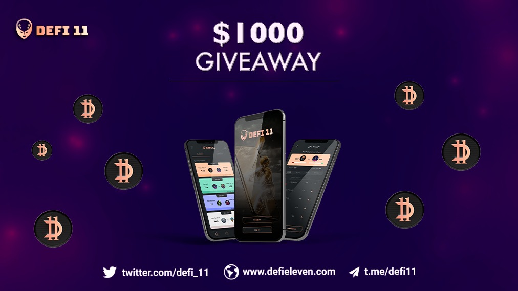 defieleven.com Giveaway🔥 ⚡The Winner gets 1000$ worth of $D11 Coins⚡ 1.) Like and Retweet☑️ 2.) Join our telegram: t.me/defi_11 3.)Follow us on Twitter.🕊️ 4.) Comment your @defi_11 wallet address💰 cutt.ly/wbDu9ws 🏆Results out on 18th,May,2021