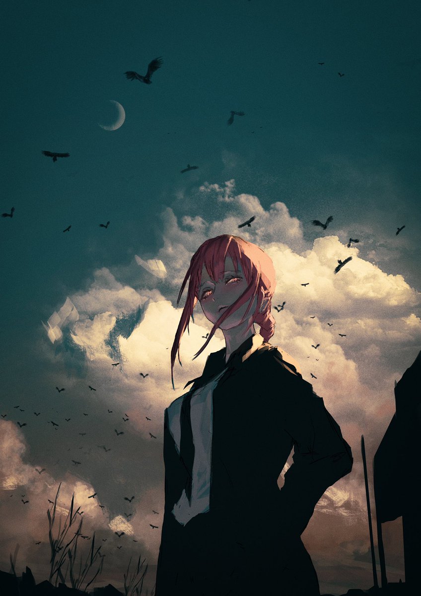 makima (chainsaw man) 1girl bird necktie solo crescent moon sky braid  illustration images