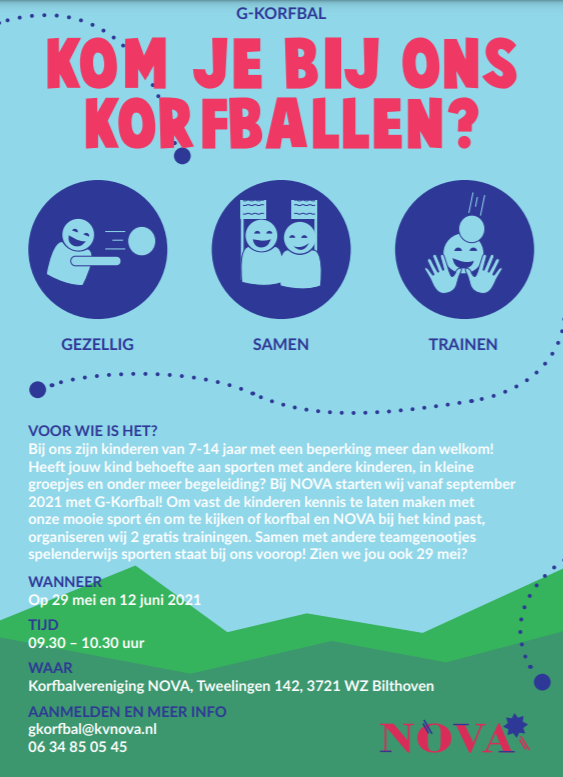 kv_nova's tweet photo. Vanaf september starten we bij NOVA met het aanbieden van G-korfbal voor kinderen in de leeftijd van 7 tot en met 14 jaar. G-korfbal is er voor ieder kind dat behoefte heeft aan meer of specifieke begeleiding tijdens het sporten.

Lees meer: https://t.co/TK4e1c95Hg https://t.co/pEa1FRHhT9