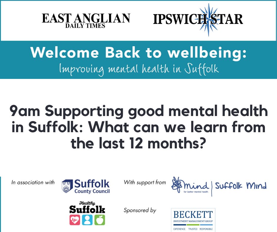 EADT24's tweet photo. Welcome Back to Wellbeing: Up next Supporting good mental health in Suffolk with Jayne Stevens @SUFmentalwealth, @drdandalton of @NSFTtweets, Dr Rosalind Tandy @NHSWSCCG, @barbaragaleceo of @stnichhospice, @Phanue1M of @ISCRE_Official #SuffolkWellbeing https://t.co/bnjfabwWR5 https://t.co/UWgzbIa0C9