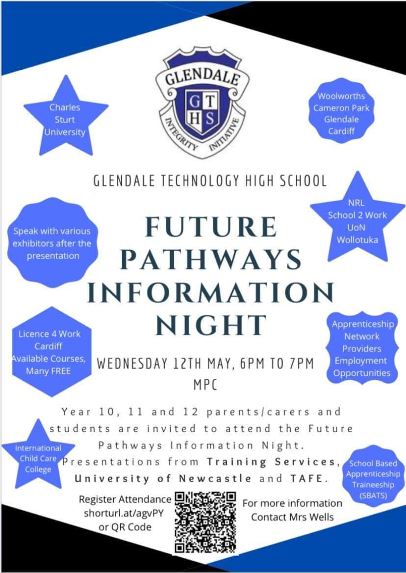 Reminder that the GTHS Future Pathways Presentation Night is on this evening from 6pm to 7pm in the Hall. We look forward to seeing you there.