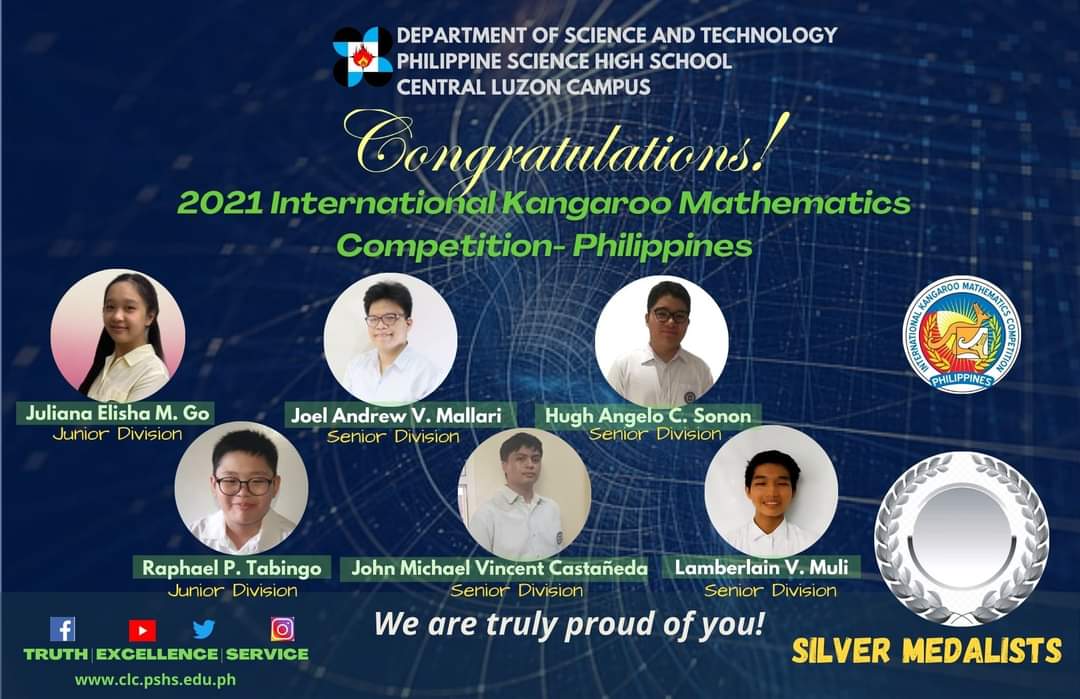 PSHS_CLC's tweet photo. Kudos, Math wizards!
Warmest congratulations to the students and coaches of the Philippine Science High School-Central Luzon Campus for winning in the 2021 International Kangaroo Mathematics Competition-Philippines.
#TruthExcellenceService #HeartofExcellenceinCentralLuzon https://t.co/JARi76pGxF
