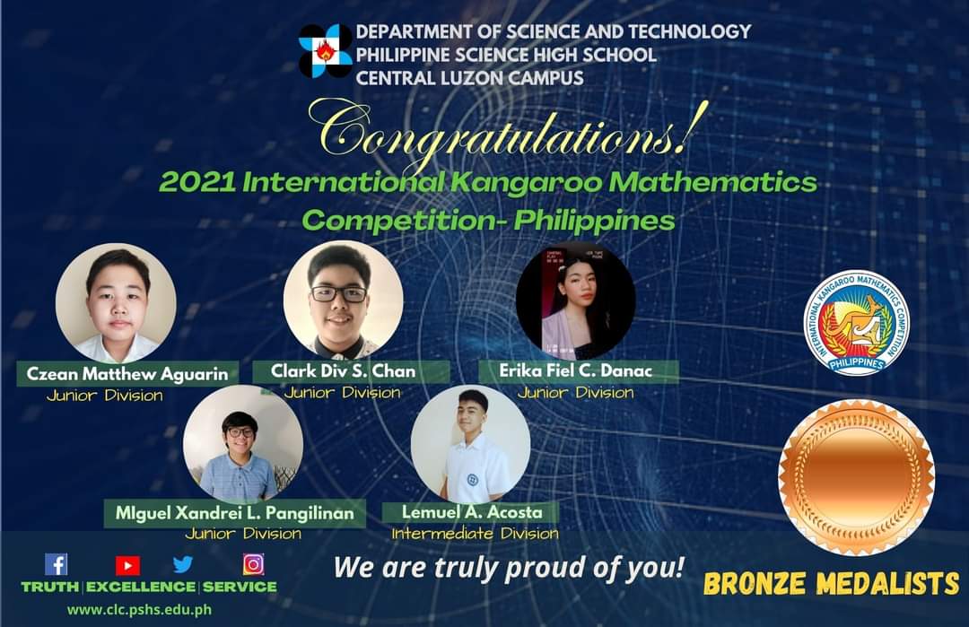 PSHS_CLC's tweet photo. Kudos, Math wizards!
Warmest congratulations to the students and coaches of the Philippine Science High School-Central Luzon Campus for winning in the 2021 International Kangaroo Mathematics Competition-Philippines.
#TruthExcellenceService #HeartofExcellenceinCentralLuzon https://t.co/JARi76pGxF
