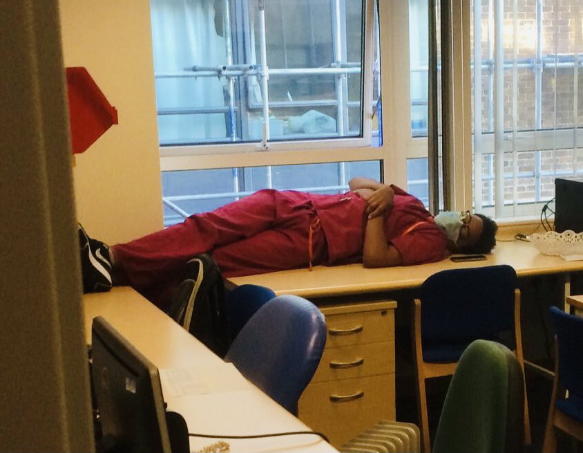 DrZeshanQureshi's tweet photo. This is how @BrennanSurgeon found his junior in the morning. Retweet if you think all staff should have appropriate sleeping and eating facilities at night @OrthopodReg @thefourthcraw https://t.co/RJHJ7sEROa